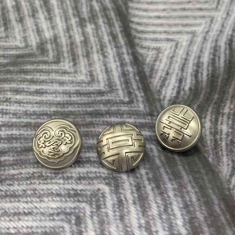 Silver round mushroom-design buttons with cloud, happiness, and longevity embossed symbols