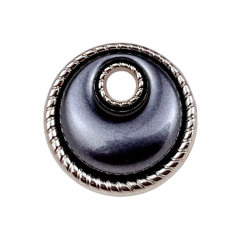 Silver Black hollow crescent moon metal shank button, front with silver-tone ring