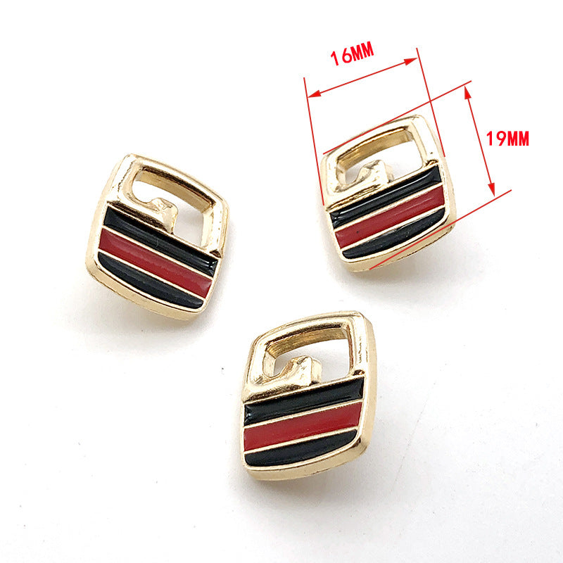 Black and red striped shank buttons, gold-tone metal; 16mm x 19mm size shown