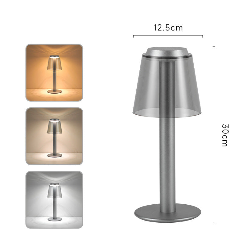 USB Rechargeable Aluminum Table Lamp Clear Acrylic Shade Silver