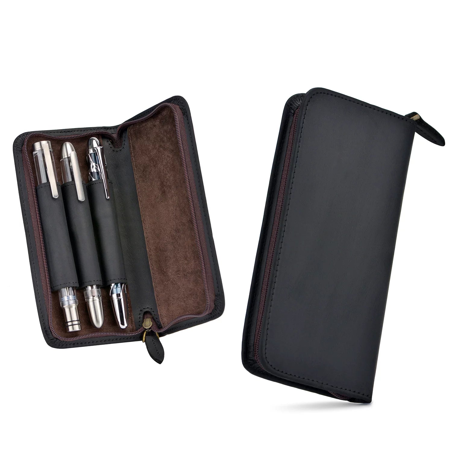 Asvine 3-Pen Crazy Horse Leather Zipper Fountain Pen Case Black