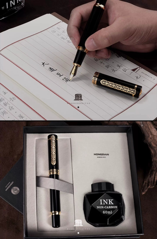 HongDian 1831 täitesulepea kinkekomplekt 60ml musta tindi ja konverteriga, peen / painutatud sulg