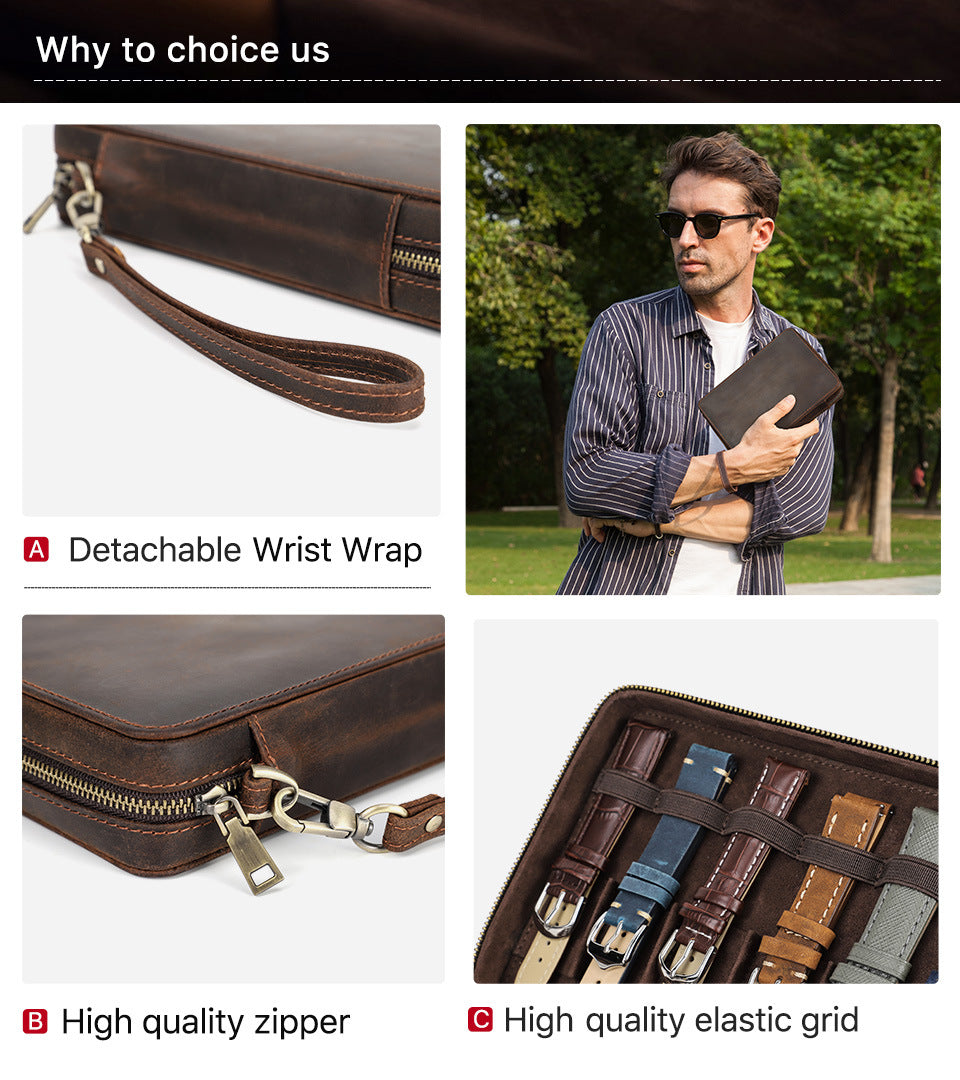 12-Slot Vintage Crazy Horse Leather Watch Strap Box | Handcrafted Zipper Travel Organizer