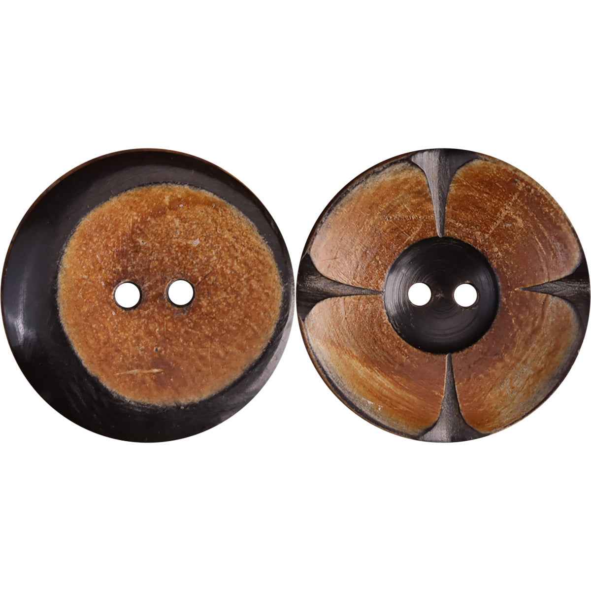 Round 2-hole horn buttons: mustard face and dark floral face with black rim