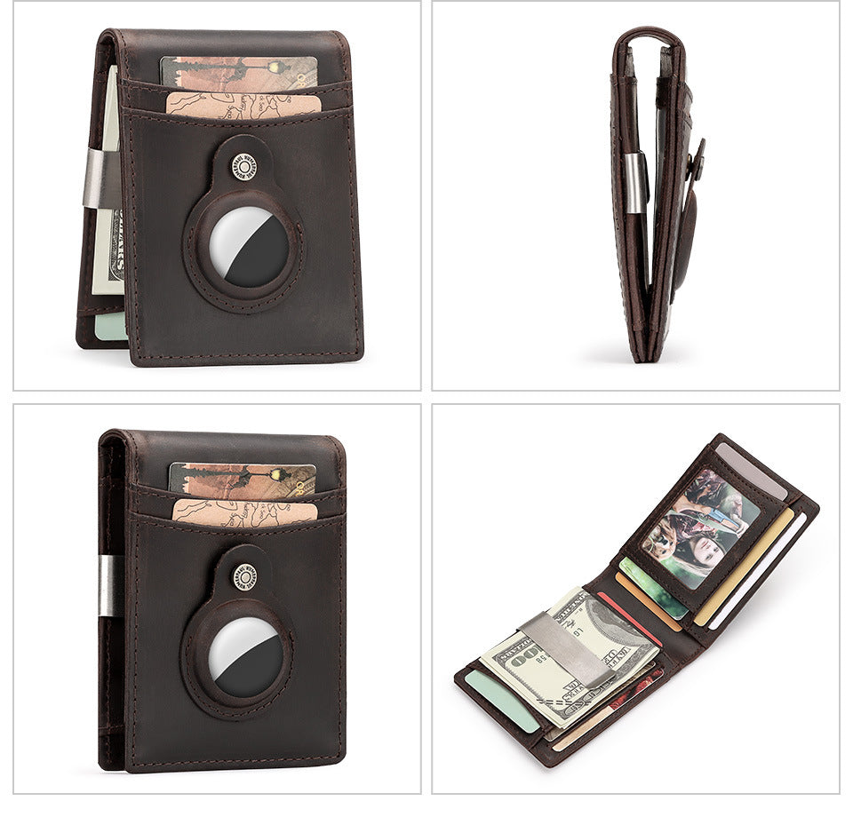 RFID Top Grain Leather Card Holder Wallet with AirTag Slot