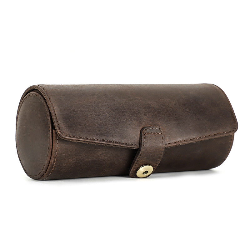 Vintage Leather 2-Slot Cylindrical Watch Button Box Case