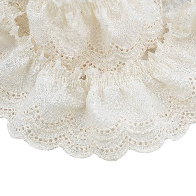 White embroidered lace trim, pleated double-wave design with scalloped edging
