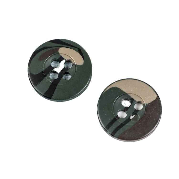 Camouflage resin buttons, brown-green, 4-hole shank, 2 pcs shown