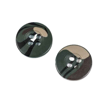 Camouflage resin buttons, brown-green, 4-hole shank, 2 pcs shown