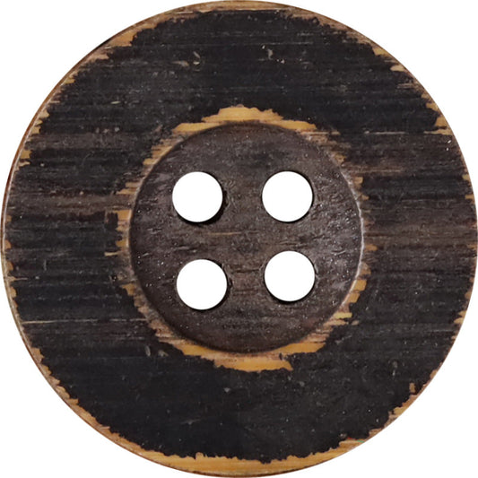 Round black distressed wood button with four holes, vintage style.