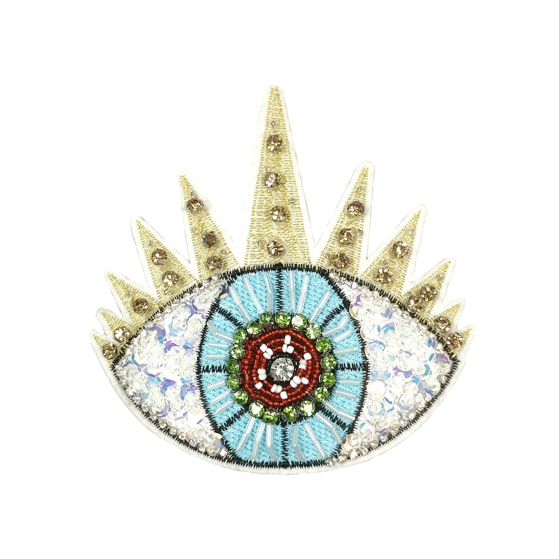 Light blue eye applique with gold spike trim and sparkling rhinestone border