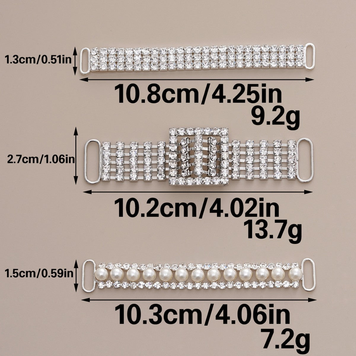 Set dimensions: 10.8cm rhinestone band, 10.2cm crystal grid, 10.3cm pearl band