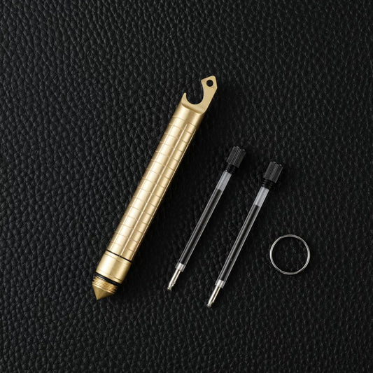 Brass Vintage Tactical Pen | Bottle Opener & Awl | Includes 2 Refills & Ring Brass