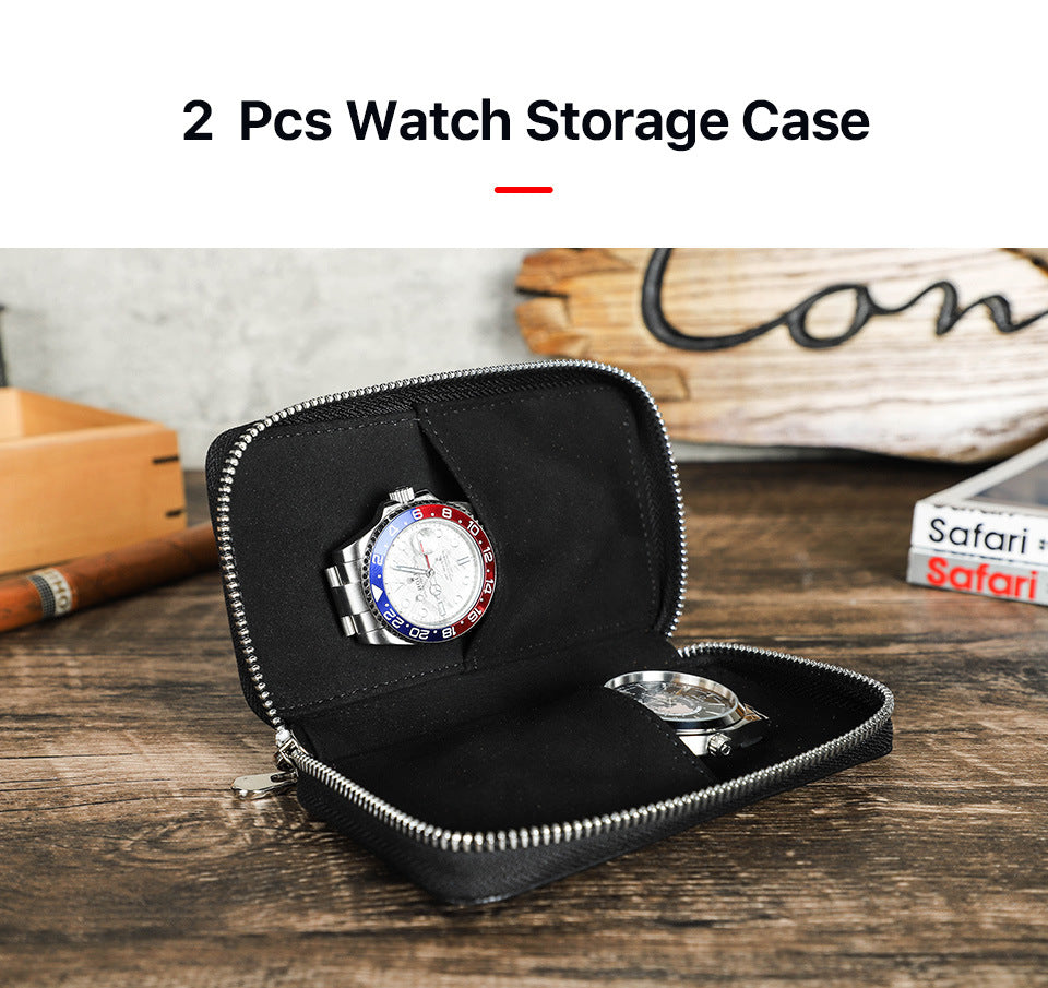 2-Slot Oil Wax Leather Watch Pouch – Slim Zip Travel Case for Couples