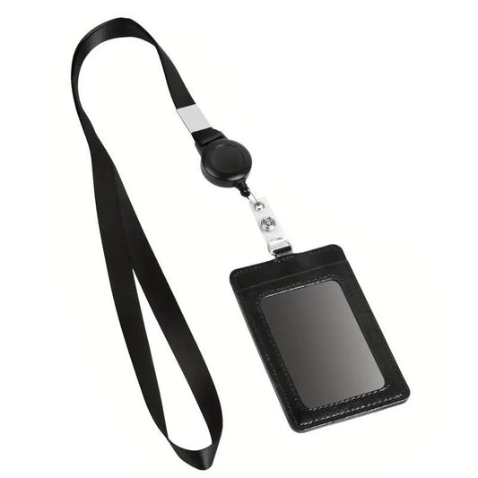 Black PU Leather ID Card Holder Set of 6 | Work Badge & Access Card Sleeve with Lanyard & Retractable Clip — Horizontal or Vertical Vertical