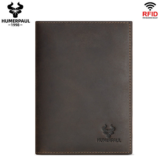Vintage Crazy Horse Leather RFID Passport Wallet, Built-in AirTag Slot Coffee