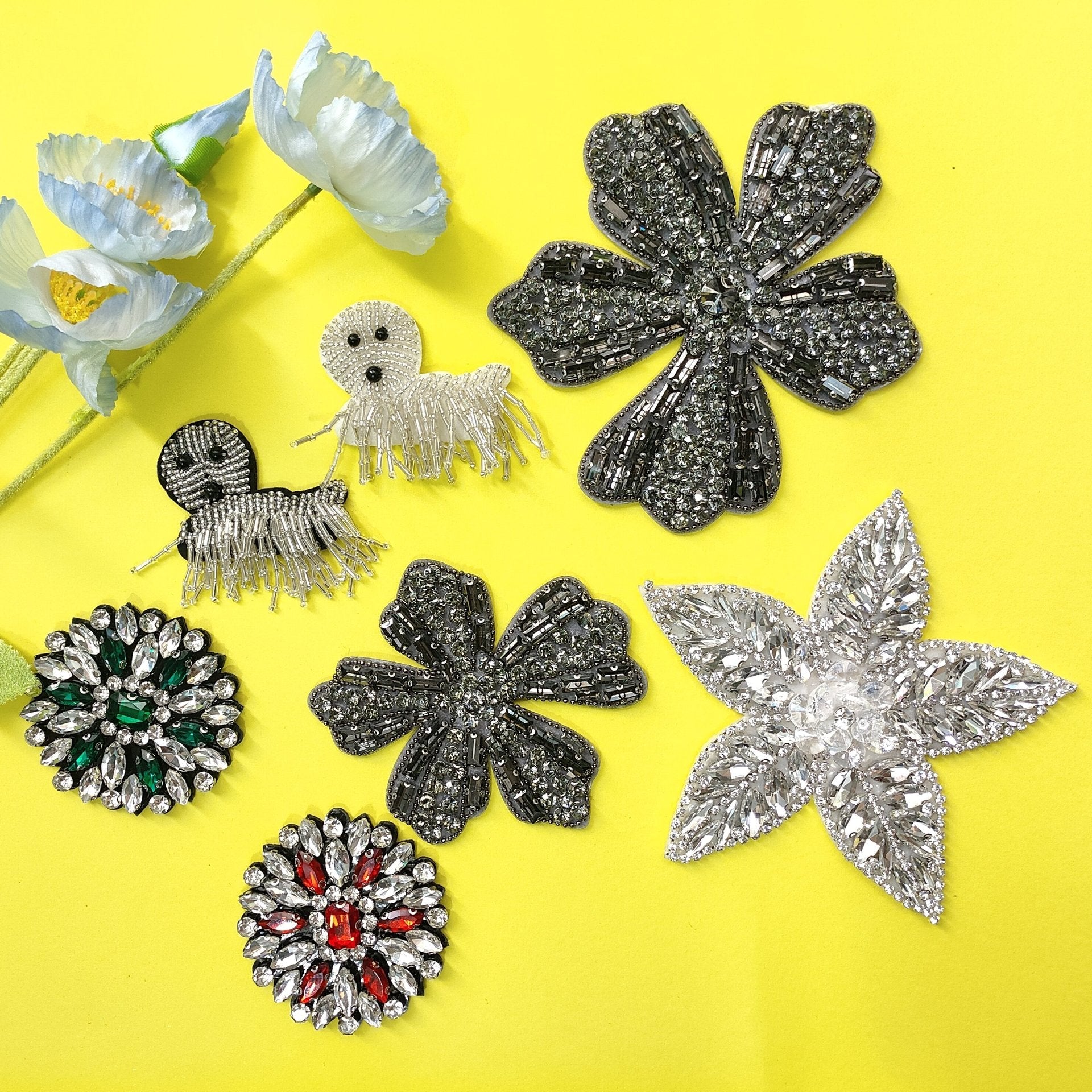 Silver beaded flower and dog fabric patches set, 7 designs with rhinestones and bead fringe