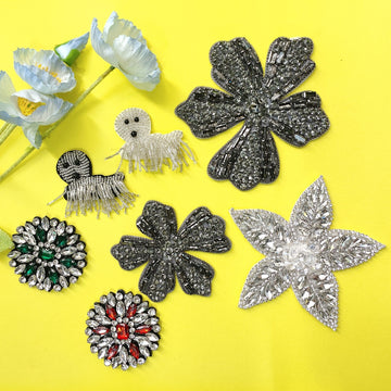 Silver beaded flower and dog fabric patches set, 7 designs with rhinestones and bead fringe