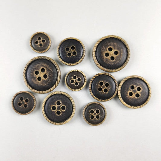 Round 4-hole dark brown buttons with tan stitched edges, small set
