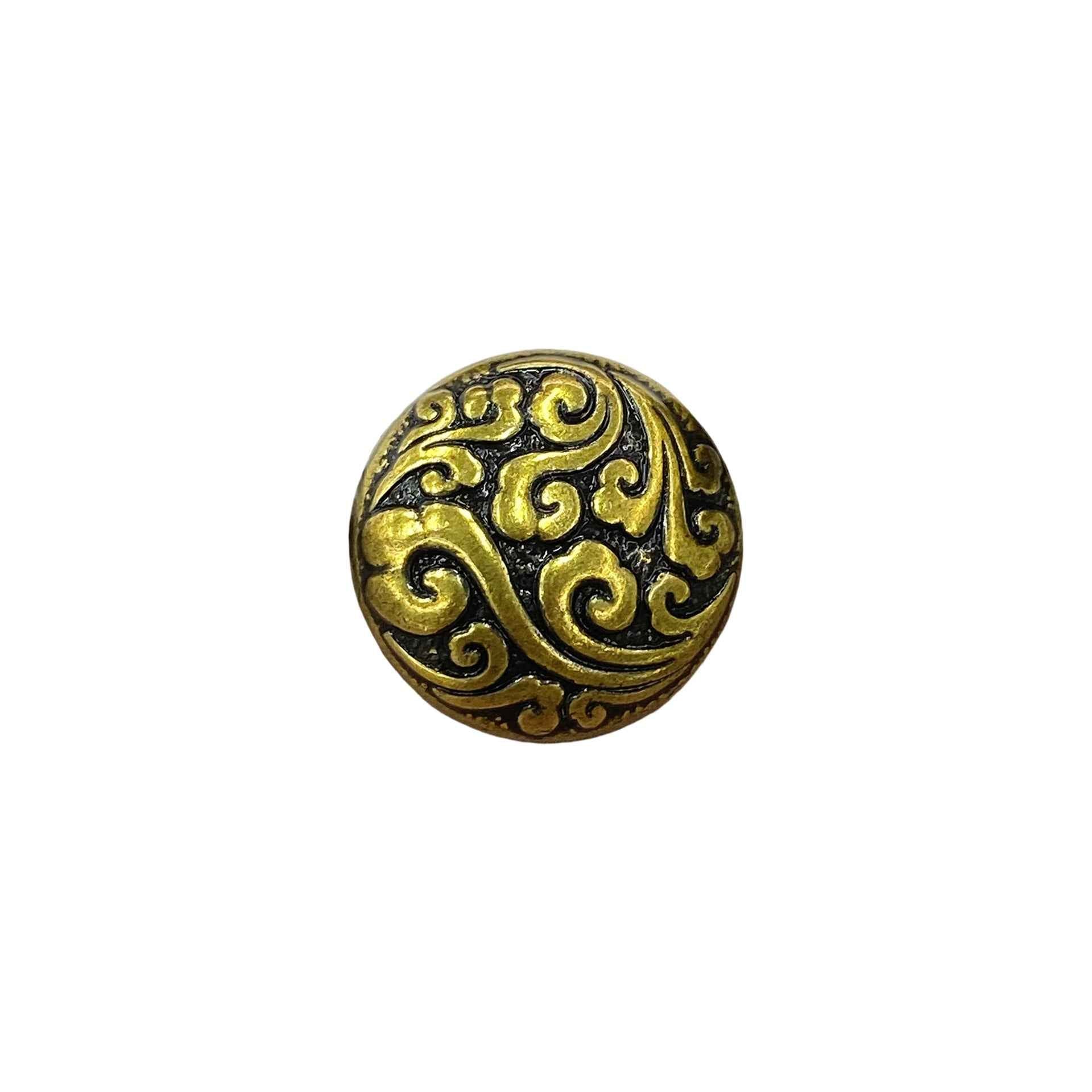 Retro metal shank button, gold-tone with ornate cloud swirl pattern, 12–23mm