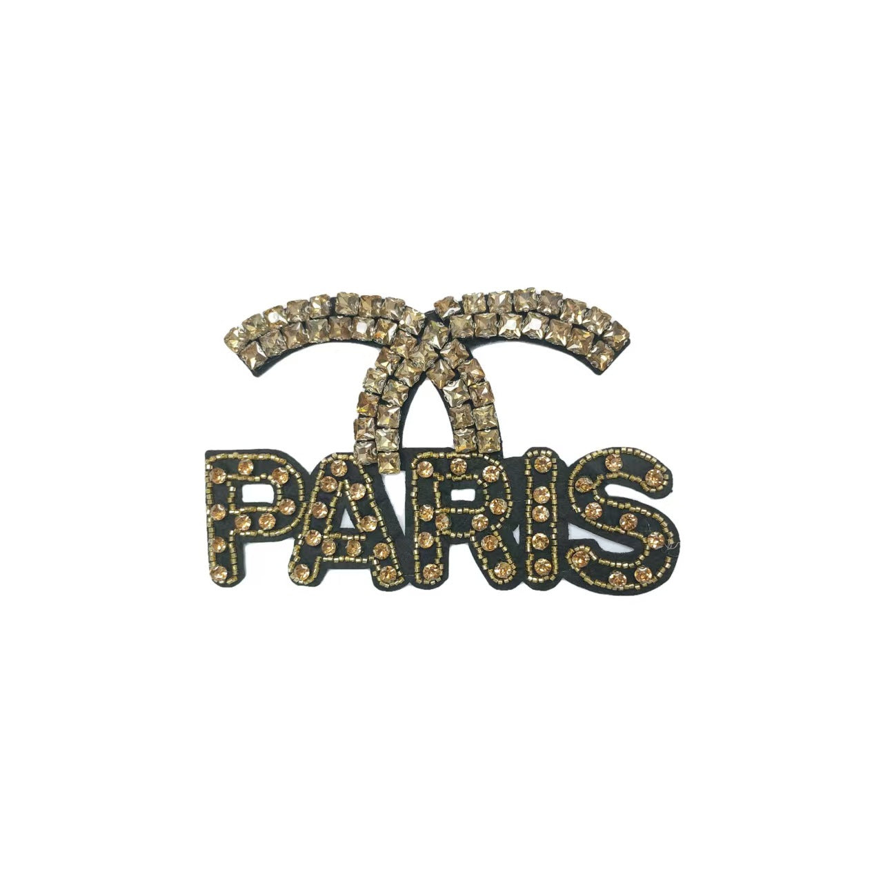 Black and gold rhinestone "PARIS" letter applique with arched top