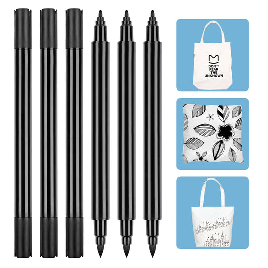 6pcs Black Dual-Tip Fabric Markers Brush & Fine Tip for DIY Clothing,Canvas & Textile Art