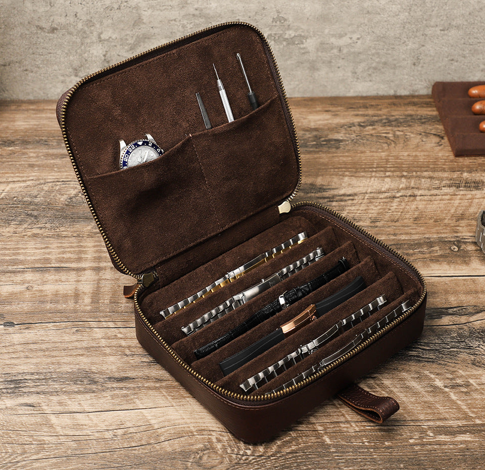 Vintage Crazy Horse Leather Watch Band Storage Box Case