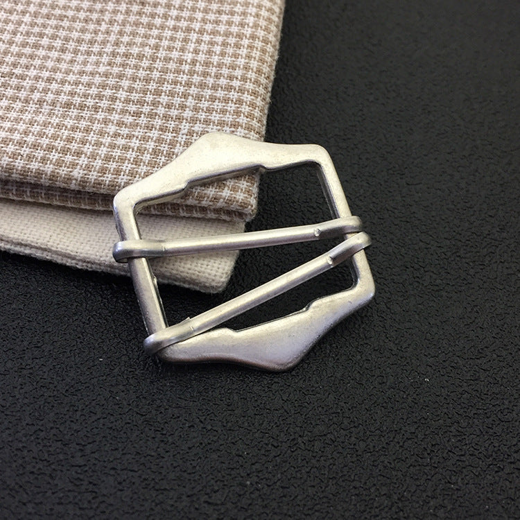Metal belt buckle adjuster, front view with prong bar through open frame