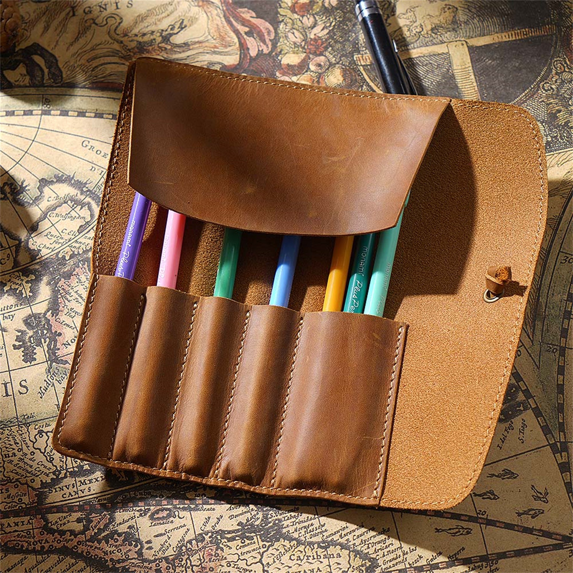 Handmade Genuine Leather Pen Roll Pencil Case Wrap