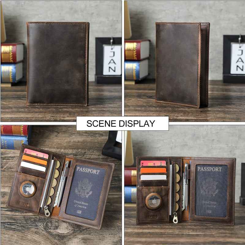 Full Grain Leather Airtag Passport Holder RFID Blocking Travel Wallet