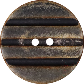 Grooved round horn-look button with two holes, dark striped band detail