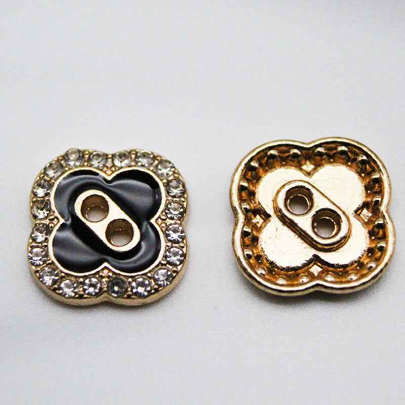 Clover square 2-hole decorative button back, gold-tone metal base with two holes