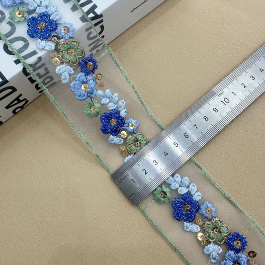 Blue Organza Sequin Embroidered Lace Trim 10 Yards Ribbons B 5.2cm