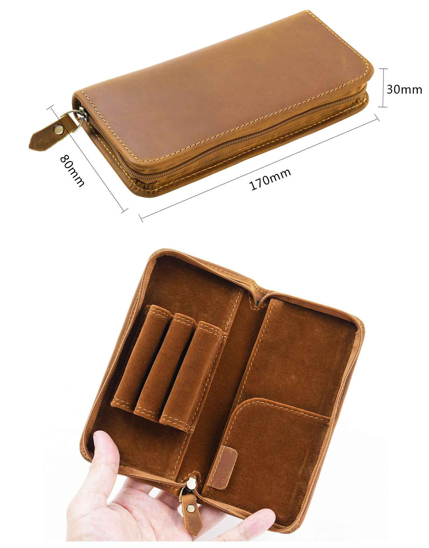 Crazy Horse Leather Fountain Pen Pouch Full-Grain Cowhide Zipper Case