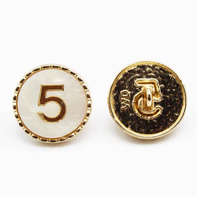 Number 5 resin shank button—front and back, white front, gold-tone metal shank