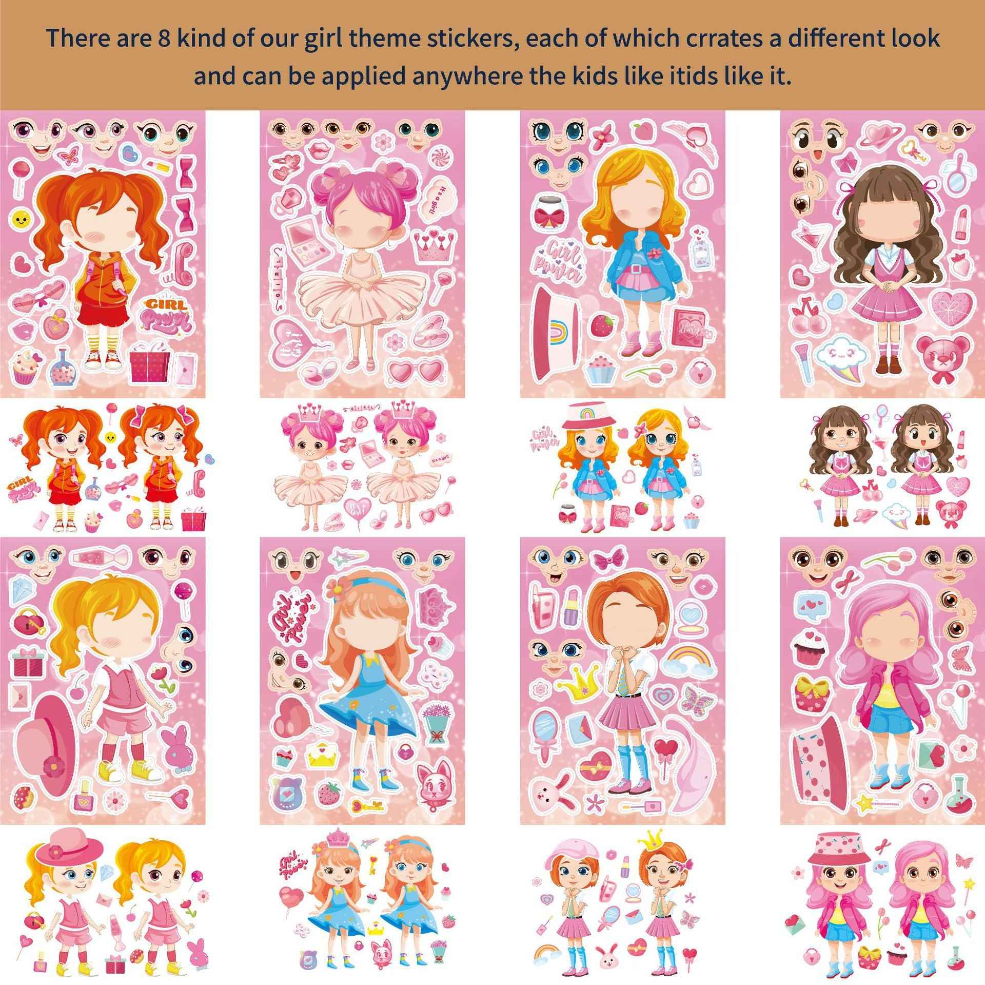 Make a Face Pink Girls Stickers for Kids 24 Sheets