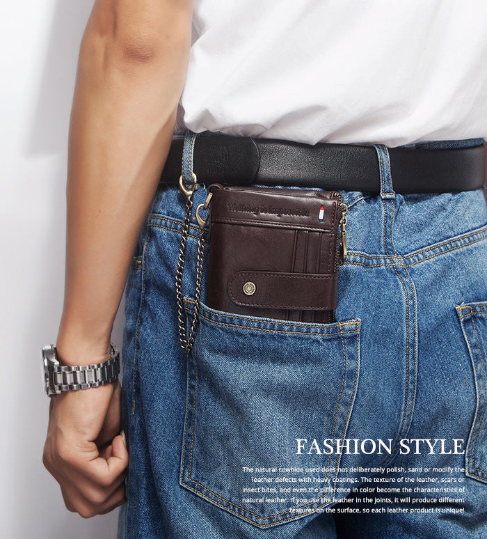 RFID Genuine Leather Card Holder Men's Wallet Double Zipper