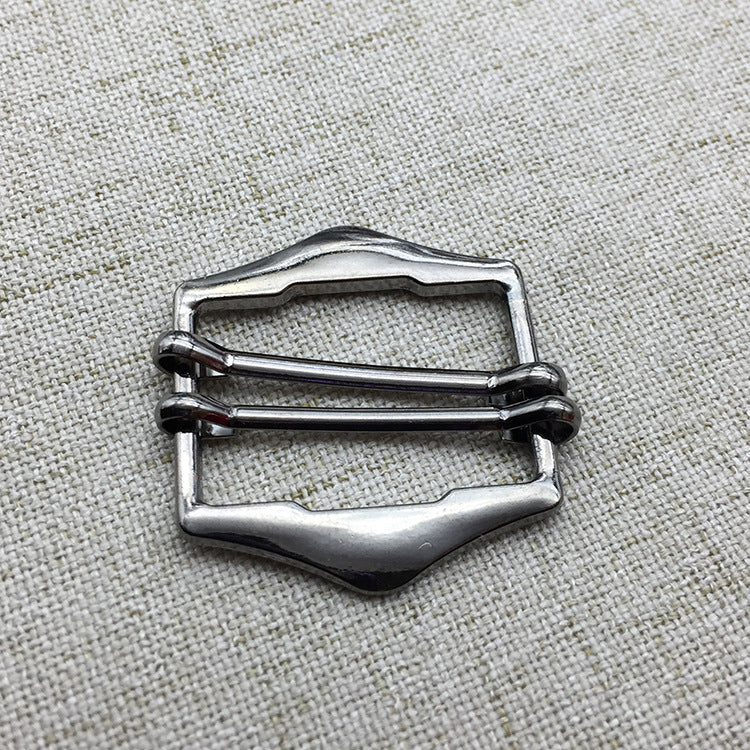 Silver metal belt buckle adjuster, scalloped frame with prong bar