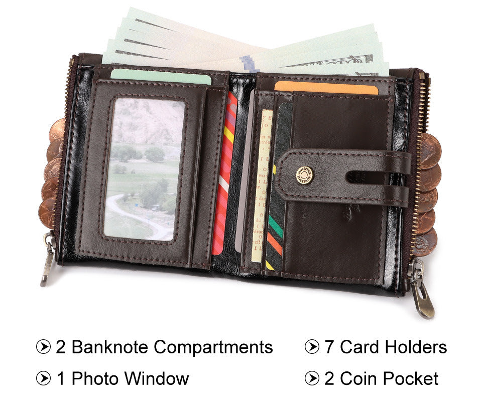 Men's Retro Leather Wallet,Double Zipper