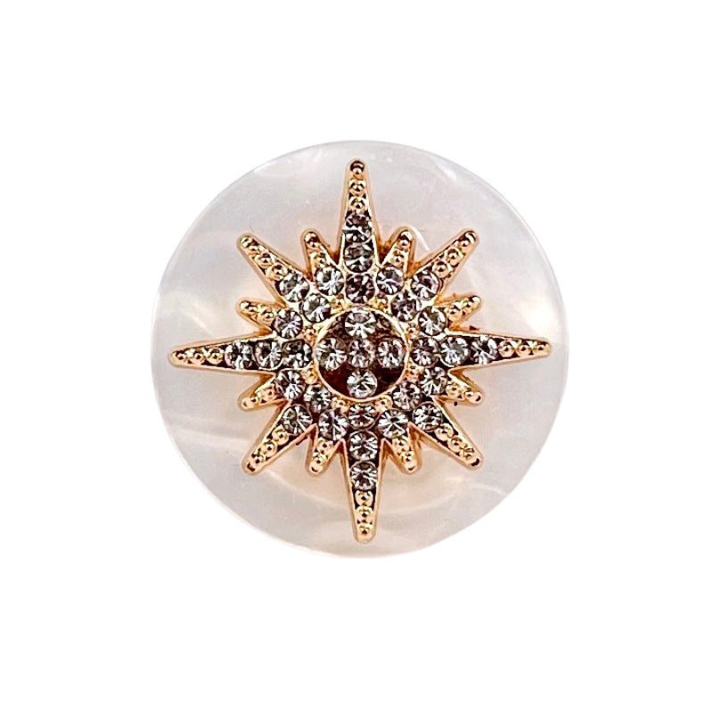 Gold-tone round snowflake resin button with crystal center, metal shank, 18–25mm