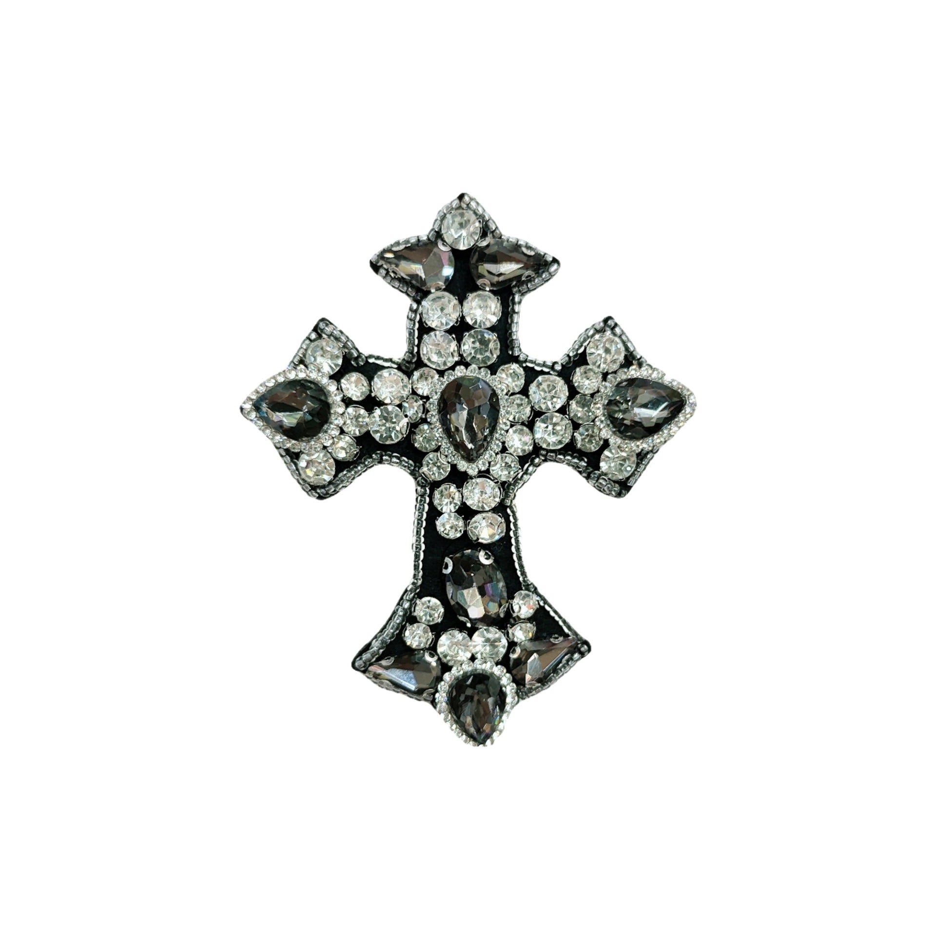 Rhinestone cross appliqué in dark gray with faceted silver stones
