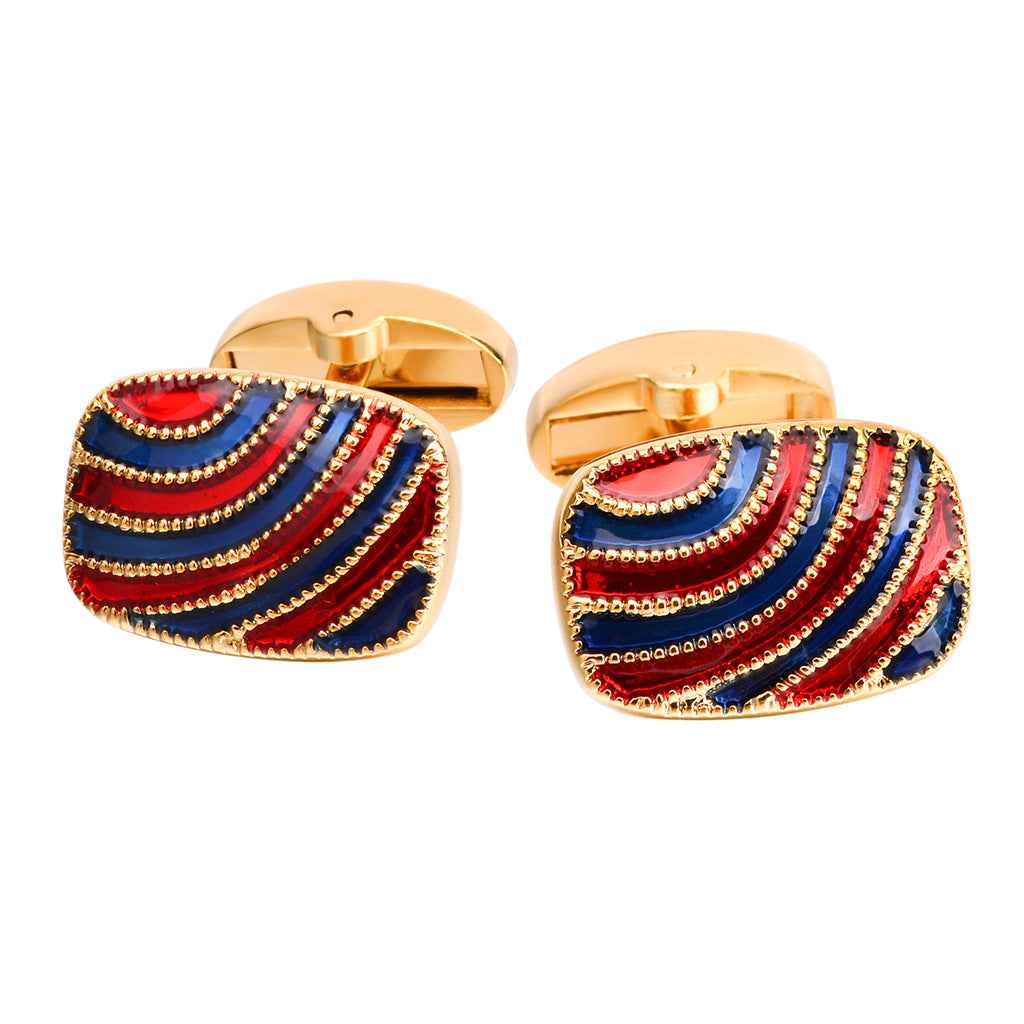 Pair of gold oval cuff links with red and blue striped enamel front panels
