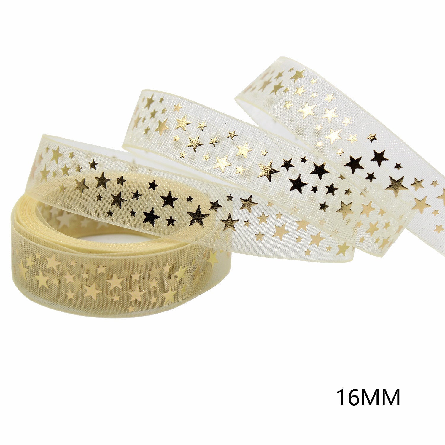 Star-patterned gold-foil gauze ribbon rolls, sheer white base, 16mm width