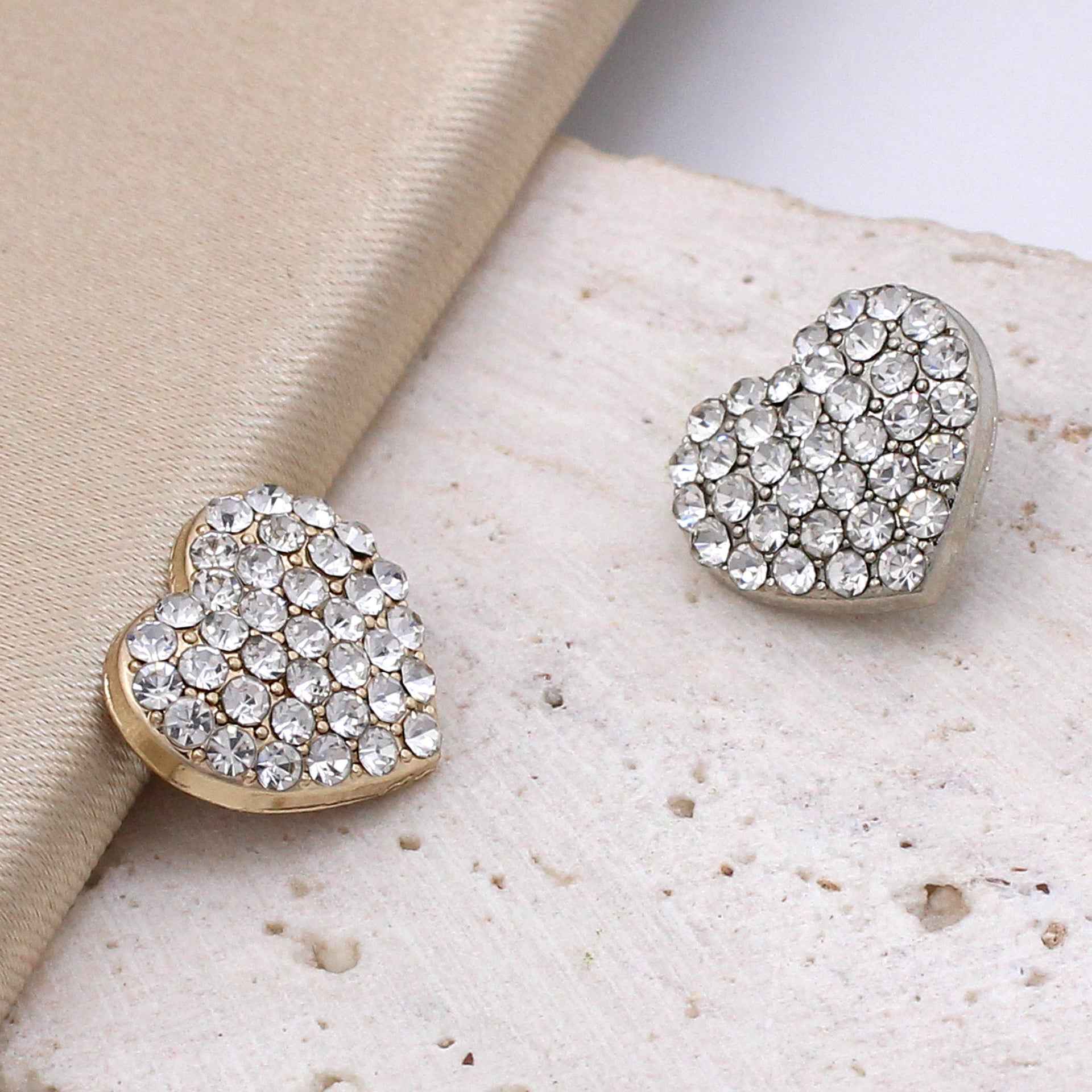 Heart-shaped rhinestone buttons with white crystals in silver-tone setting