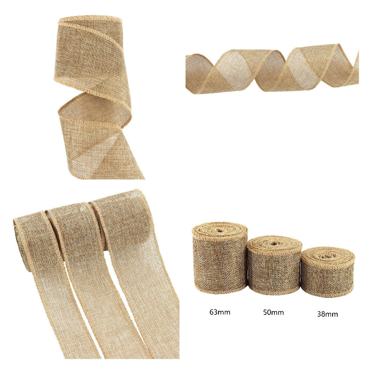 Khaki/beige cotton ribbon garden ties, 3 pack—38mm, 50mm, 63mm widths.