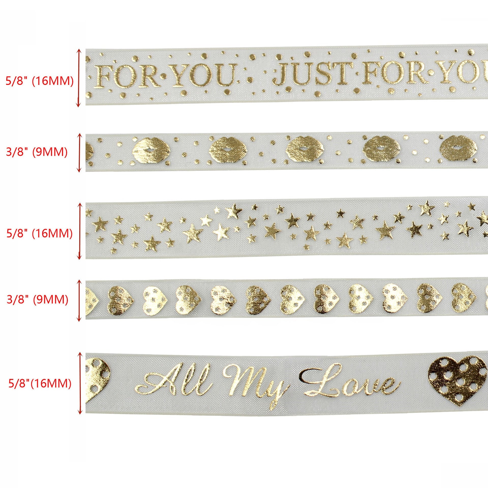 Width comparison card: 16mm and 9mm gold-foil gauze ribbons with hearts and text
