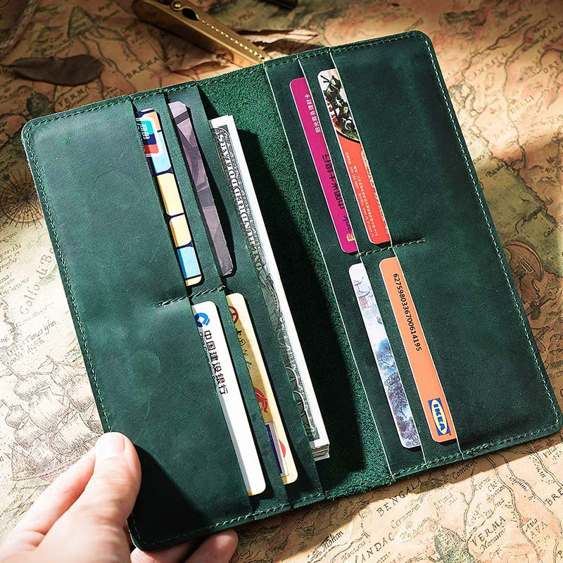 Handmade Crazy Horse Leather Long Wallet for Men Green