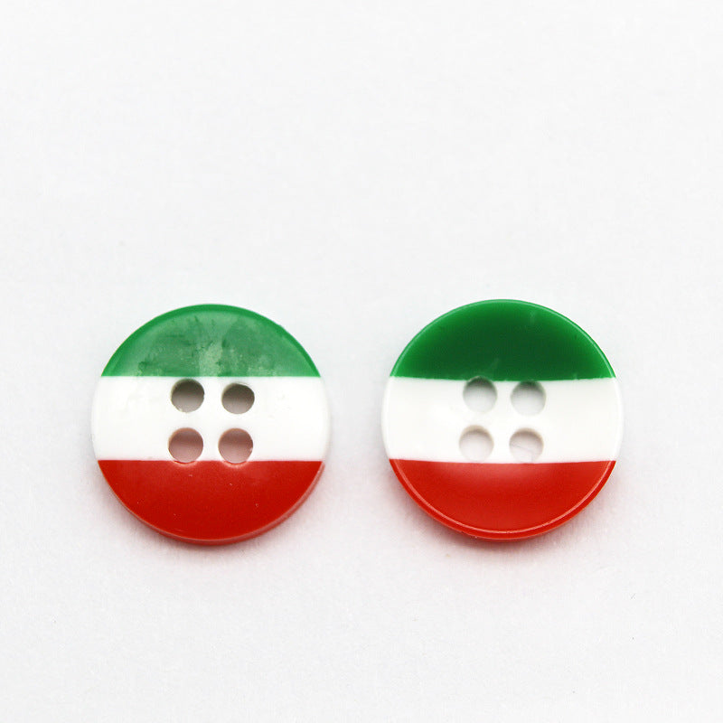 Round 4-hole resin buttons, green top with white middle and red bottom
