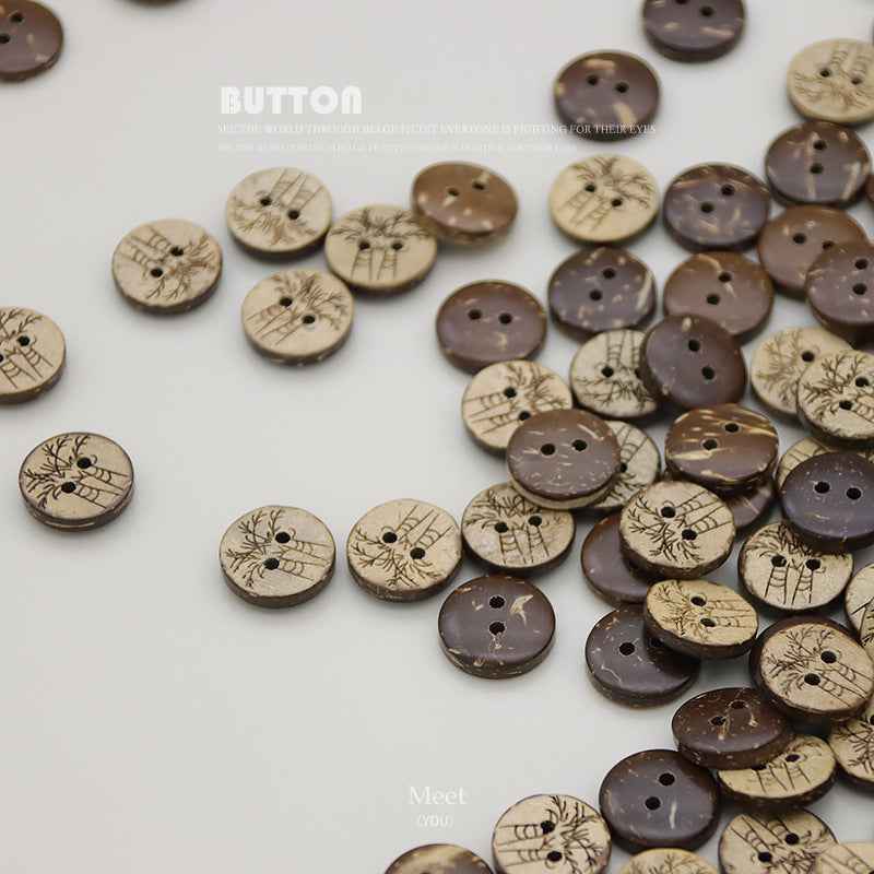 Assorted 13mm coconut shell buttons, 2 holes, tan and dark brown with line motifs
