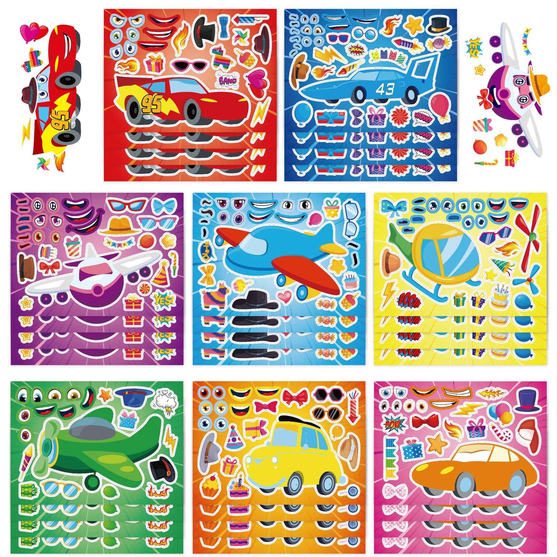 Make a Face Cartoon Race Car and Airplane Stickers for Kids 24 Sheets